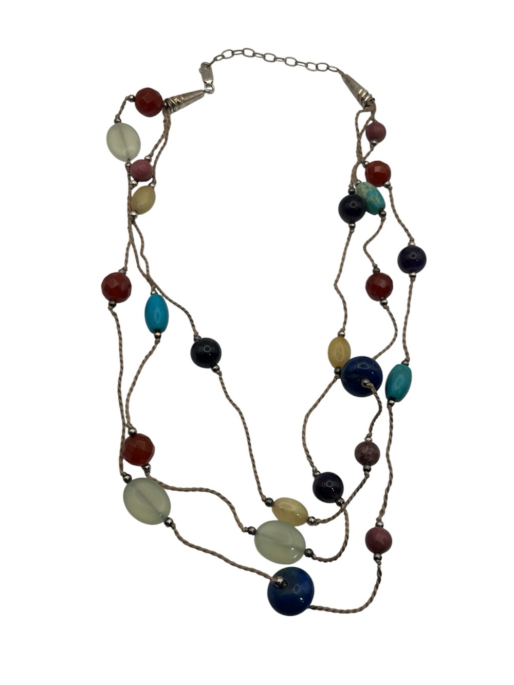 Navajo Rope Necklace Gemstone beads Turquoise Lapis Amber sterling silver